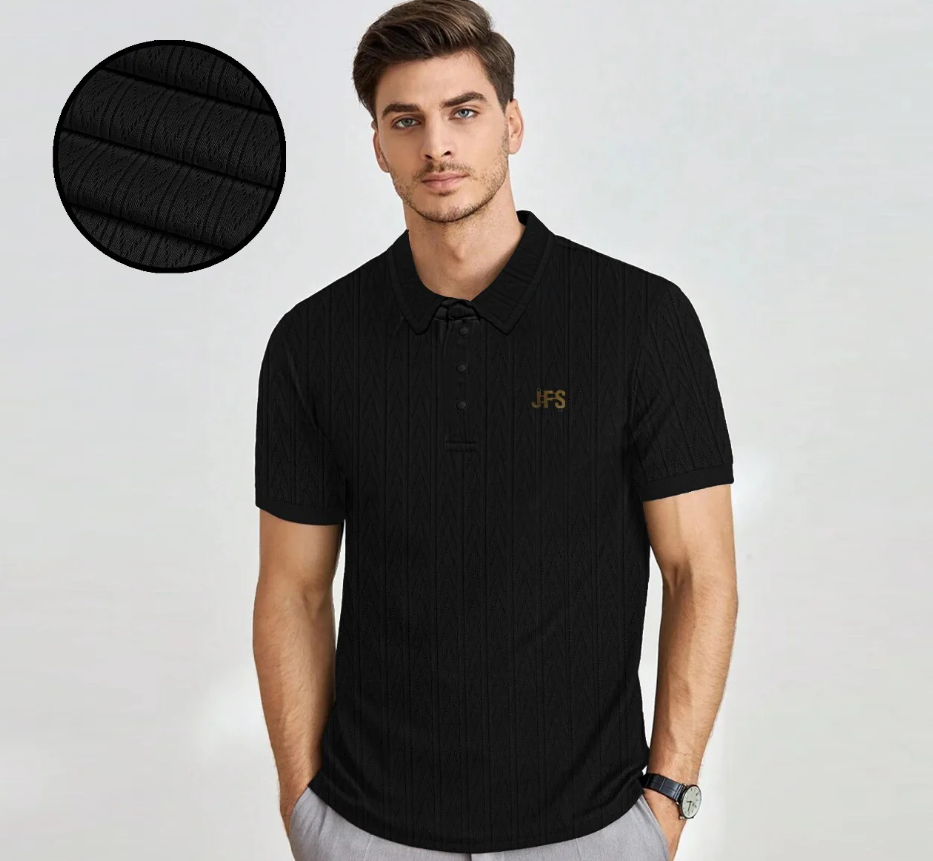 Men's Textured Polo Shirt - JFS Premium Ribbed Knitted Short Sleeve Polo Black