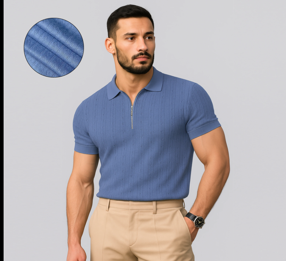 Men's Zip Neck Polo Shirt - Jupiter Premium Textured Knitted Ribbed Polo
