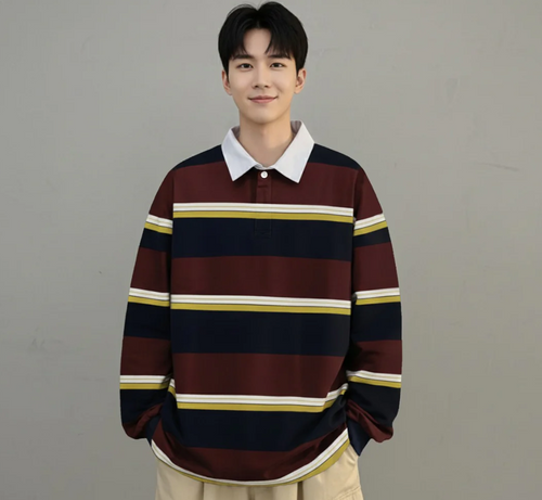 Men's Full Sleeve Striped Polo Shirt - Baggy Oversized Premium Style