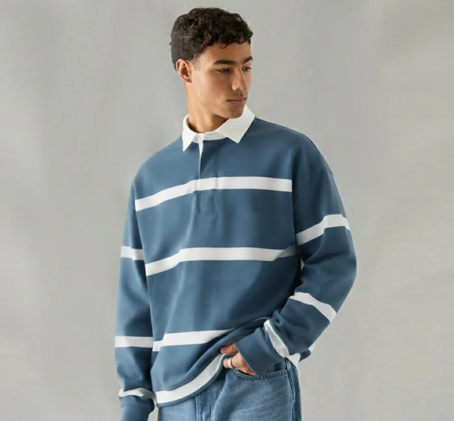 Men's Full Sleeve Striped Polo Shirt - Baggy Oversized Premium Style