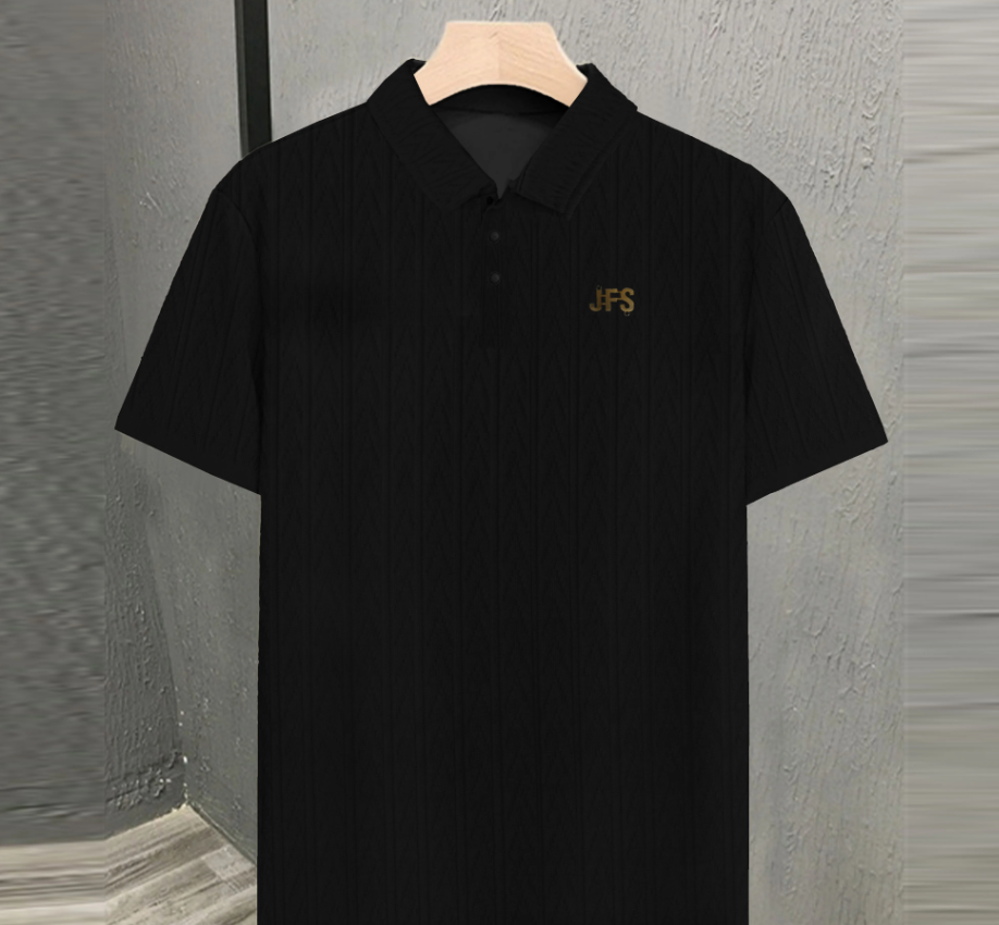 Men's Textured Polo Shirt - JFS Premium Ribbed Knitted Short Sleeve Polo Black
