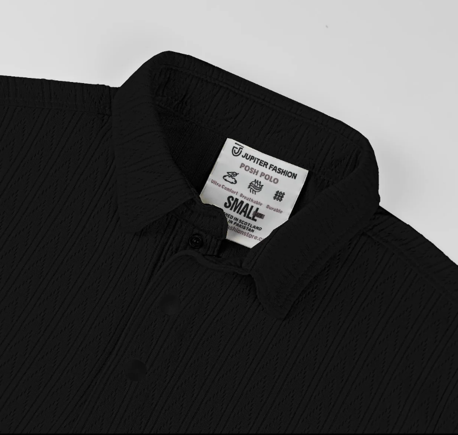 Men's Textured Polo Shirt - JFS Premium Ribbed Knitted Short Sleeve Polo Black