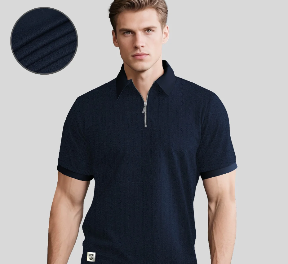 Men's Zip Neck Polo Shirt - Jupiter Premium Textured Knitted Ribbed Polo
