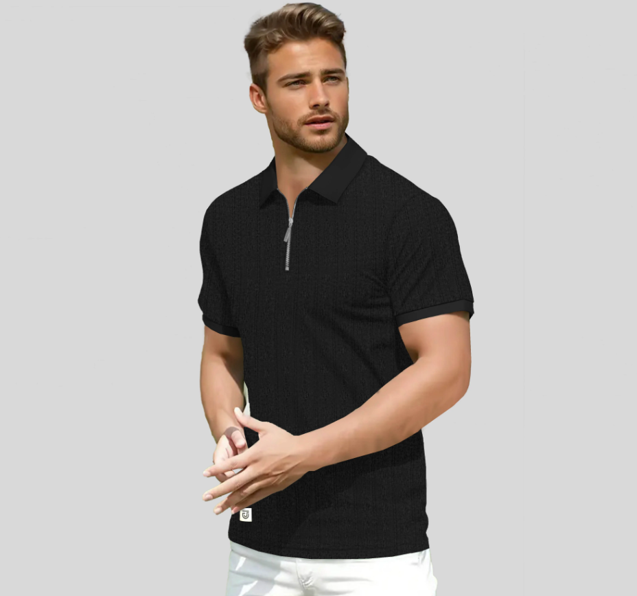 Men's Zip Neck Polo Shirt - Jupiter Premium Textured Knitted Ribbed Polo