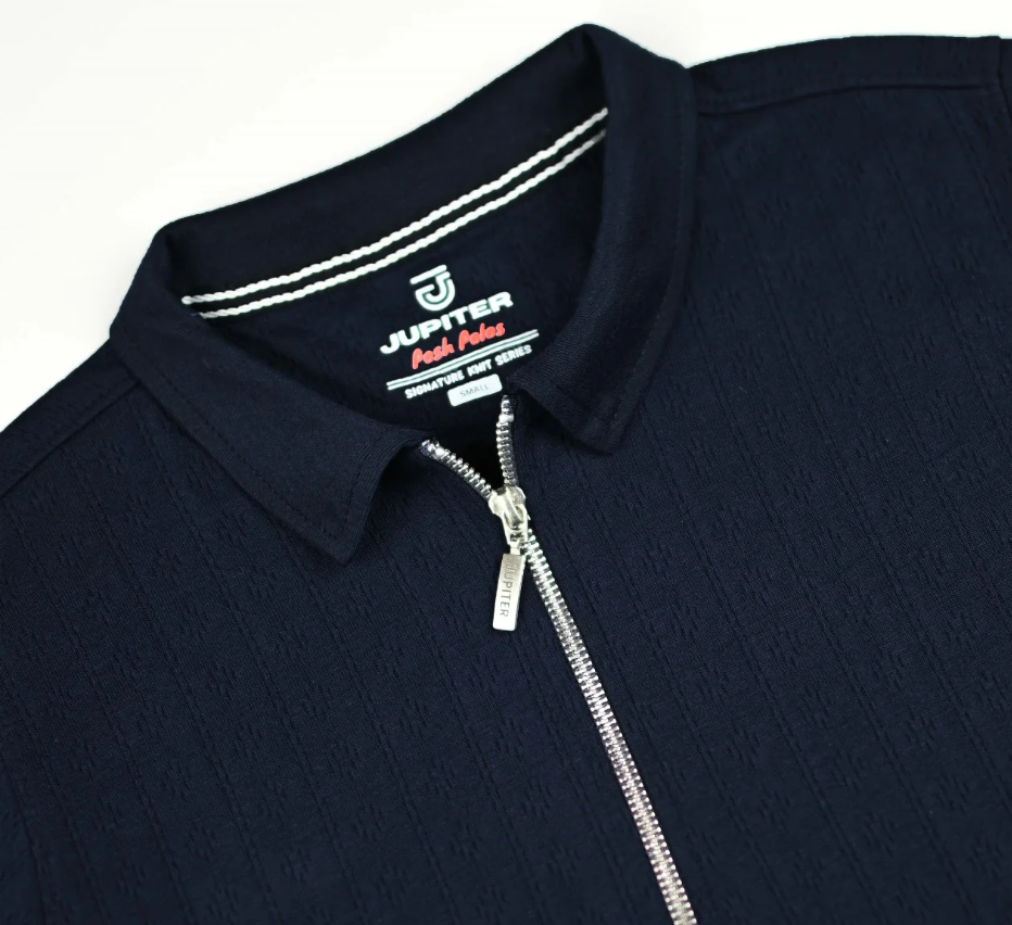 Men's Zip Neck Polo Shirt - Jupiter Premium Textured Knitted Ribbed Polo